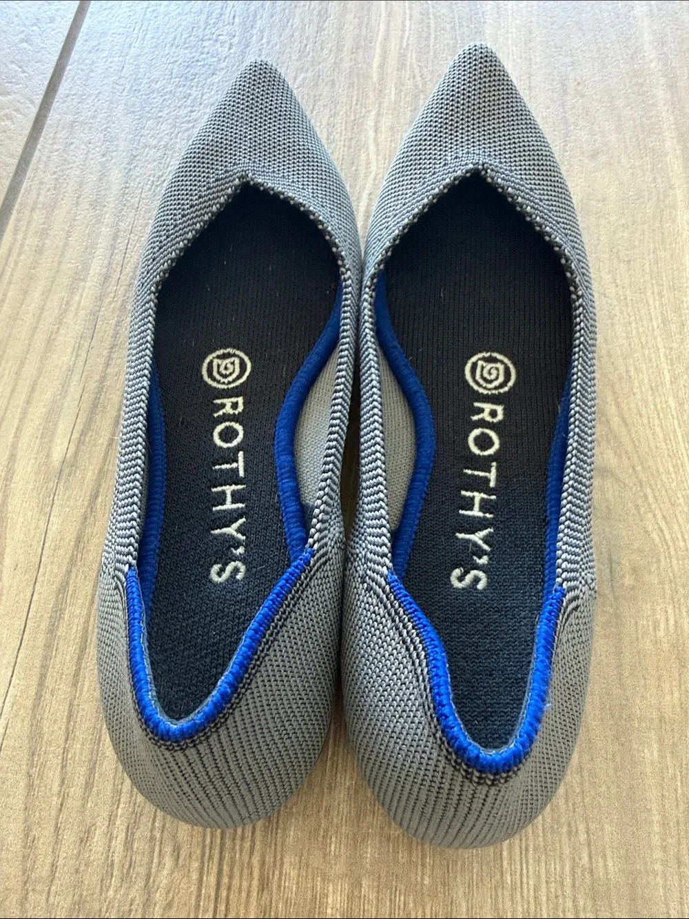 Rothy's Pointed Knit Flats in Gray with Blue Trim